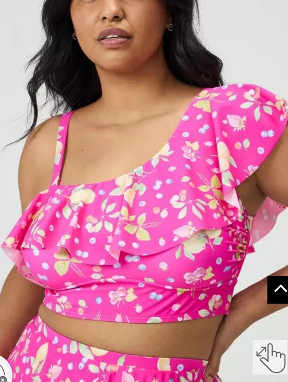 🆕️👙🍋 TORRID PINK LEMON & FLORAL WIRELESS ONE-SHOULDER FLOUNCE BIKIKI TOP 🍋👙